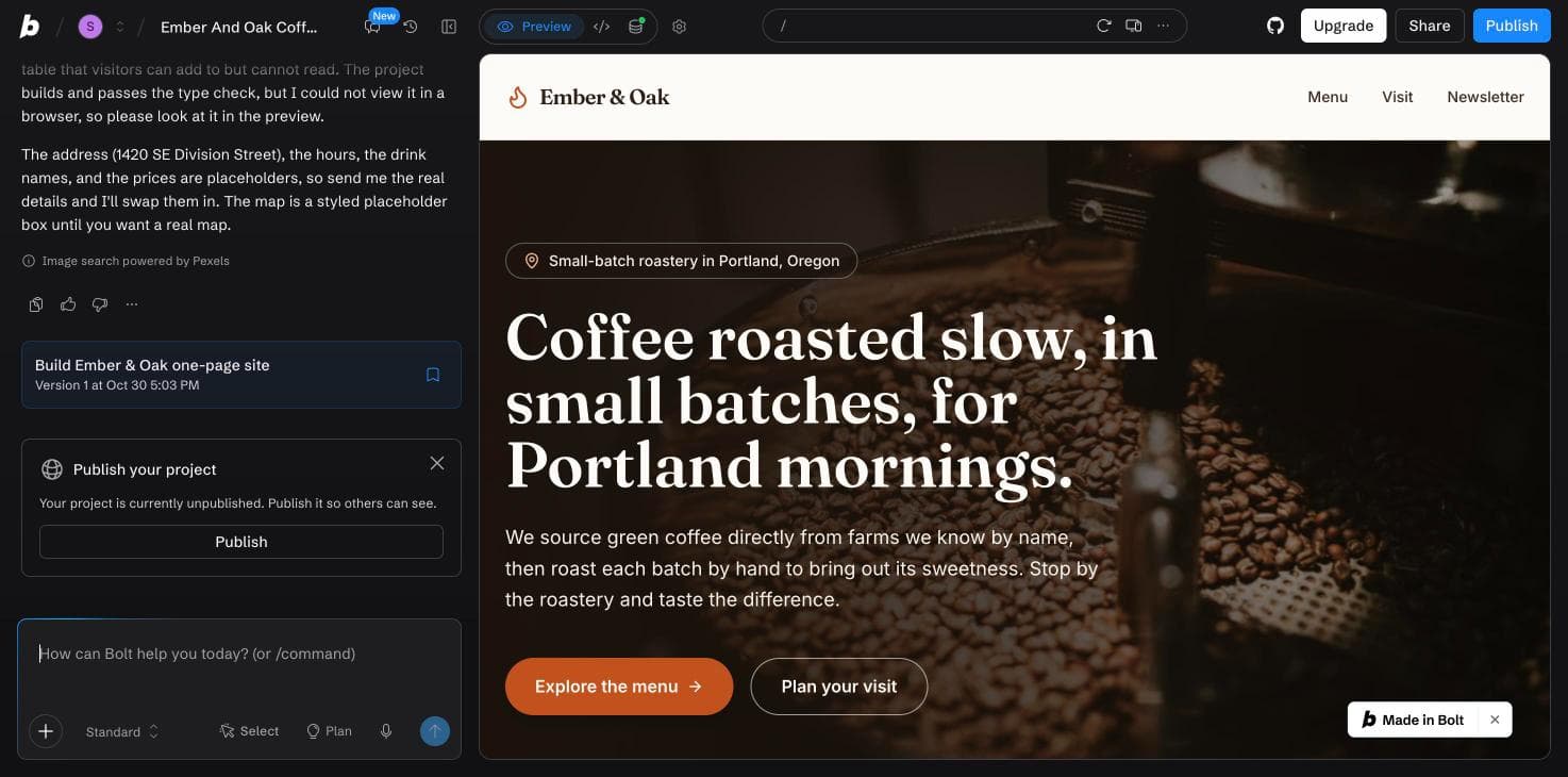 Bolt.new's first result: hero, menu and visit buttons, with a Made in Bolt badge on the free plan.