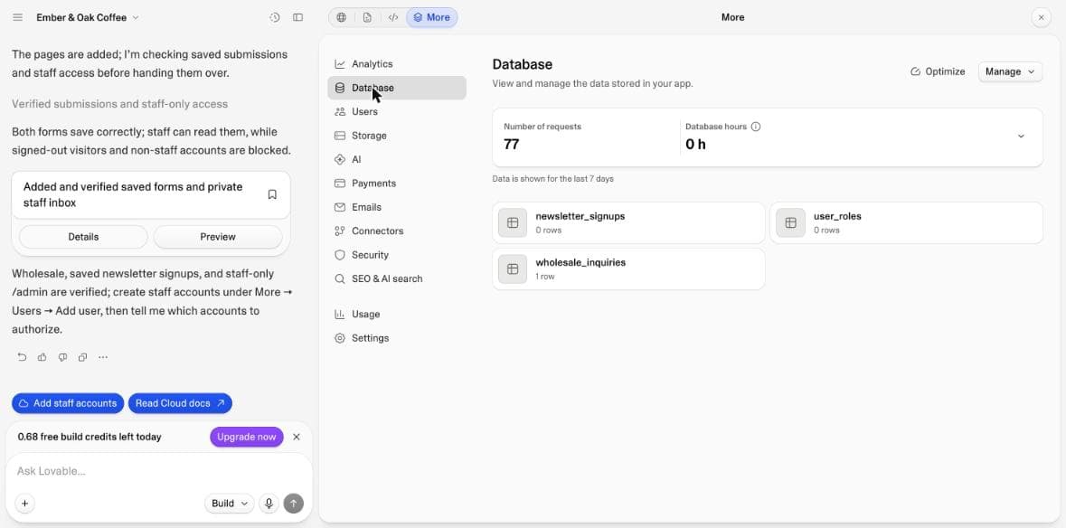 Lovable Cloud's database after our test: one row in wholesale_inquiries, plus a user_roles table.