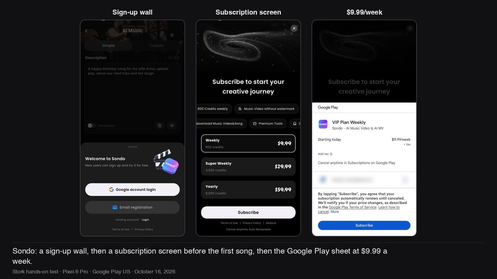 Sondo's sign-up wall, subscription screen and the $9.99-a-week Google Play sheet.
