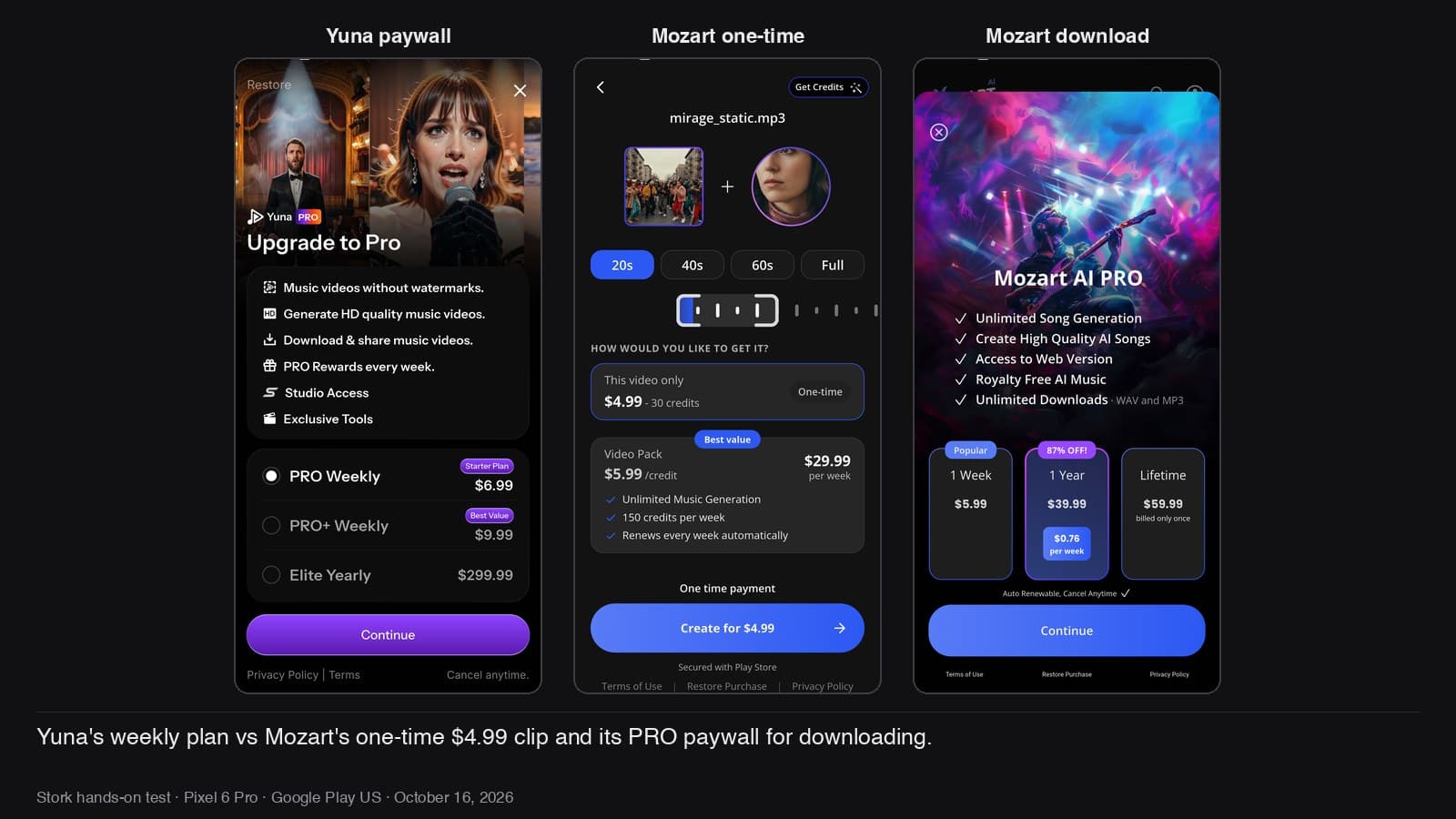 Yuna's weekly paywall vs Mozart's one-time $4.99 and its PRO paywall for downloading.