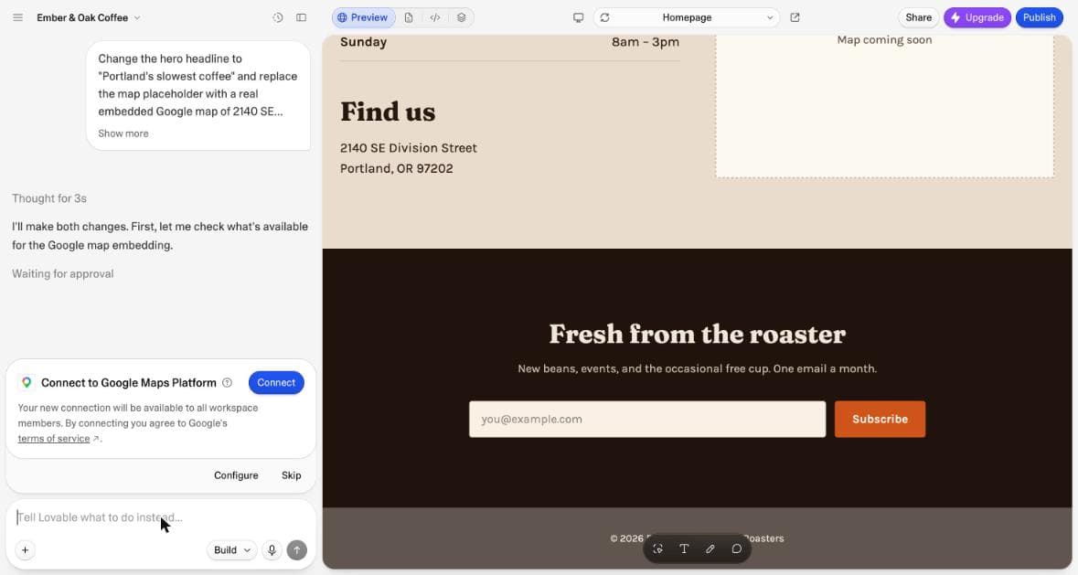 Lovable asking to connect a Google Maps Platform account for the whole workspace.