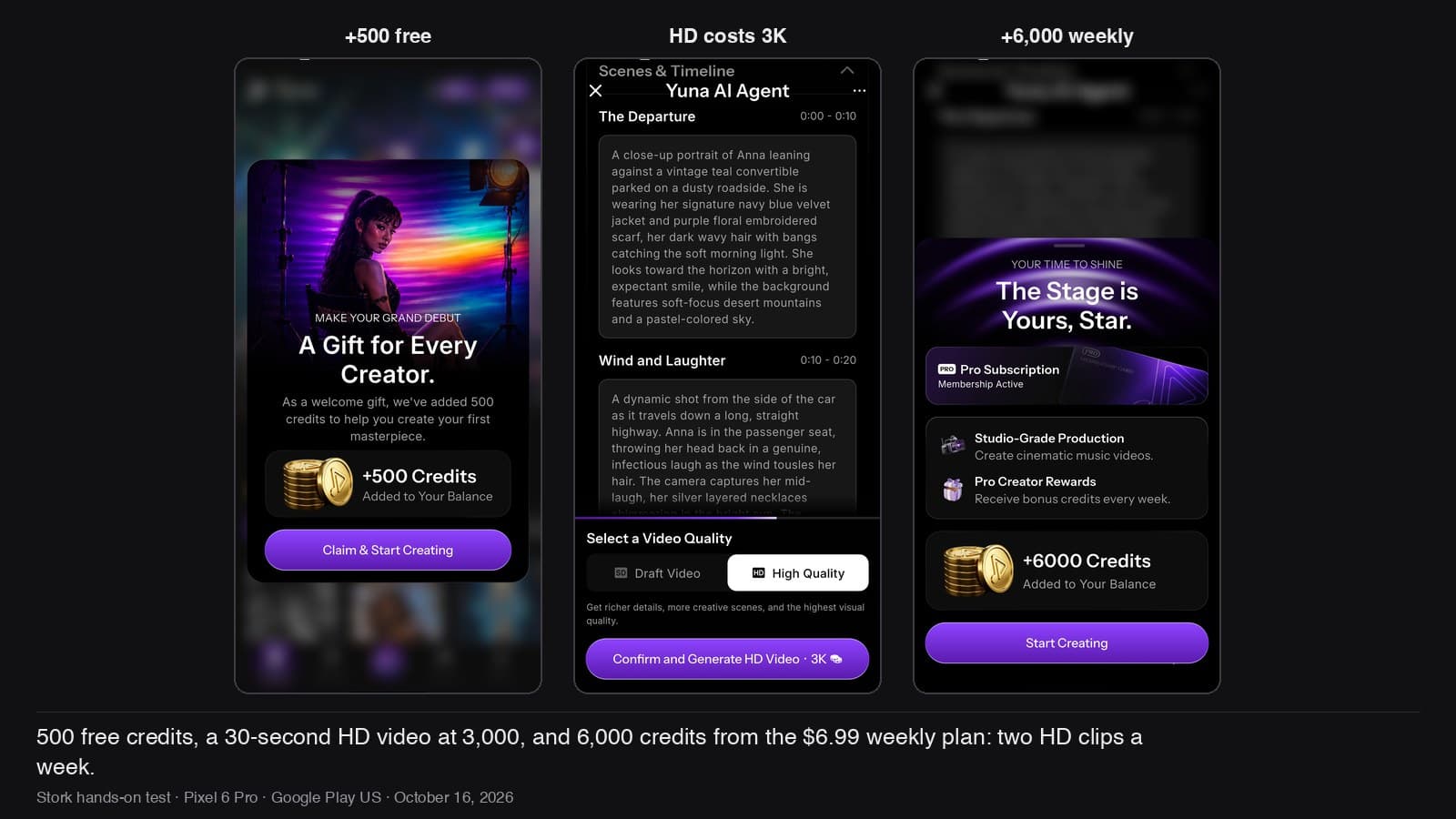 500 free credits, 3,000 for 30 seconds in HD, 6,000 a week on the $6.99 plan.