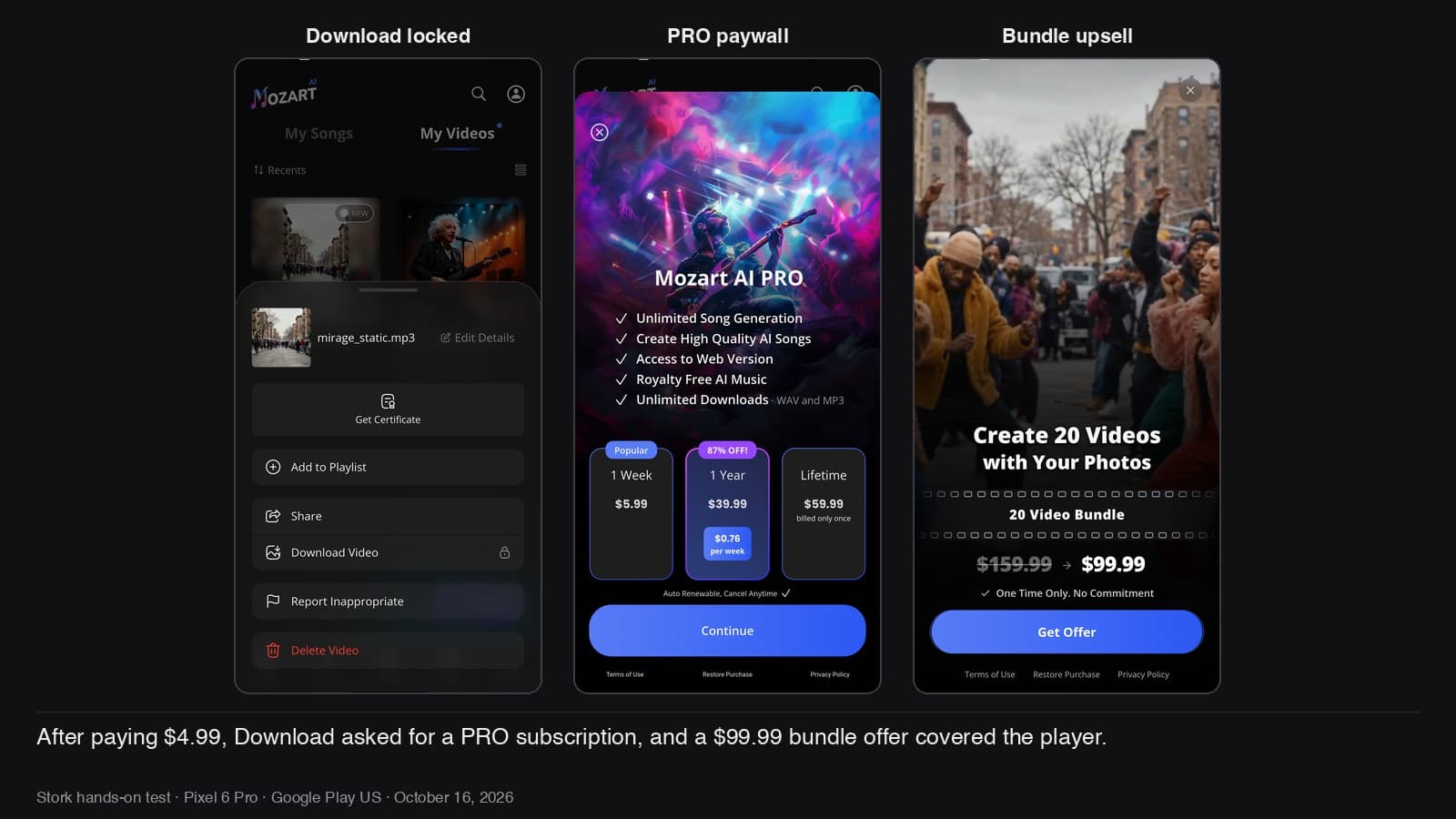 Download locked behind PRO, and the $99.99 bundle upsell after paying.