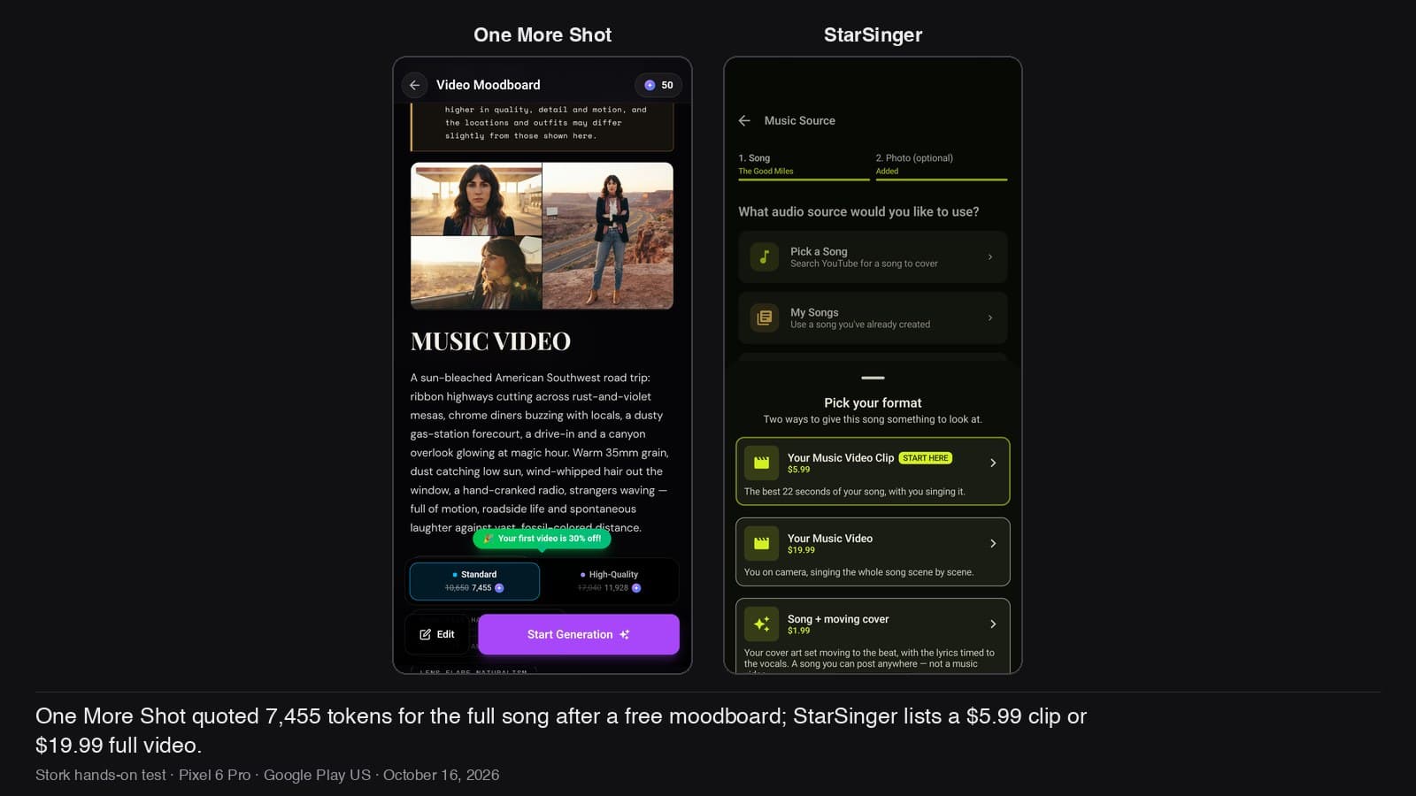 One More Shot's full-song quote after its free moodboard, and StarSinger's one-time prices.