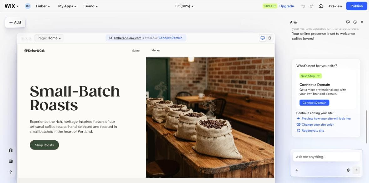 Wix's result: Small-Batch Roasts hero with a Shop Roasts button and stock photography.