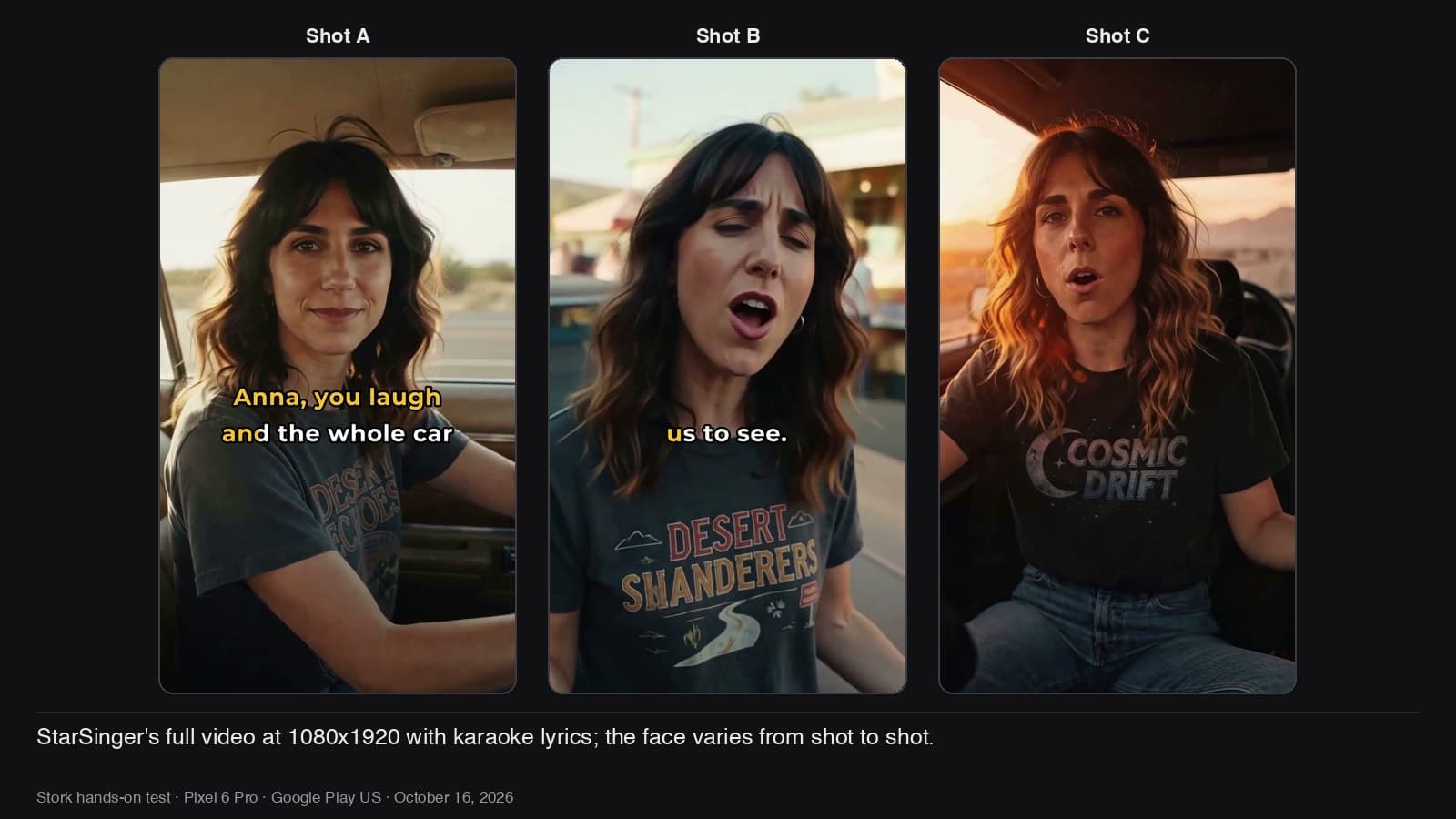 Three shots from StarSinger's full video: karaoke lyrics, and a face that varies.