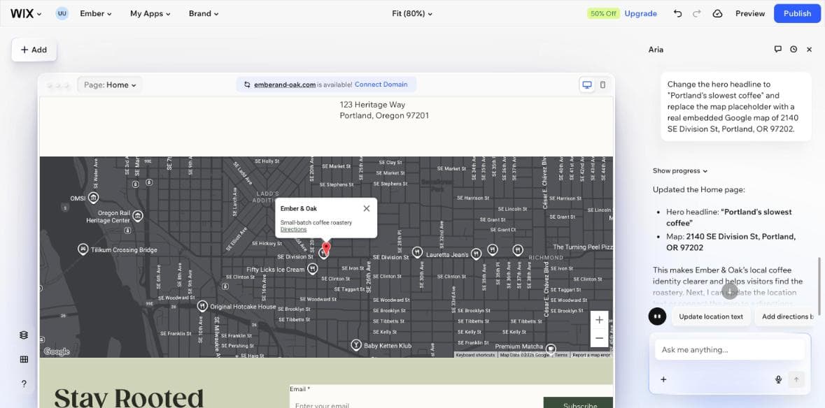 After the edit: Wix's map points to SE Division while the address above still reads 123 Heritage Way.