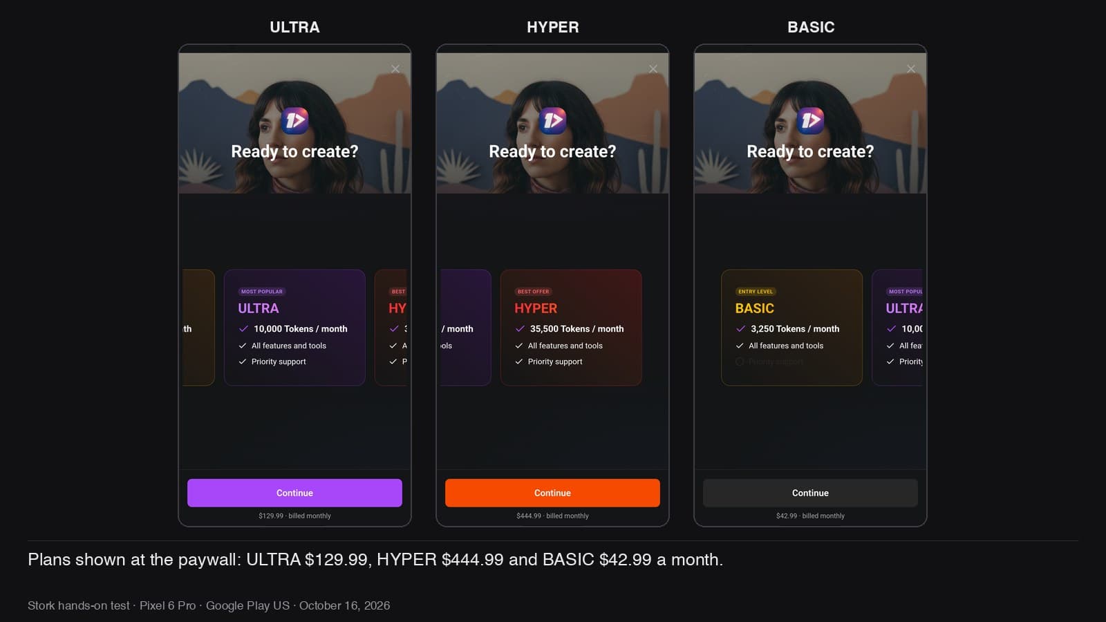 One More Shot's monthly plans: ULTRA $129.99, HYPER $444.99, BASIC $42.99.