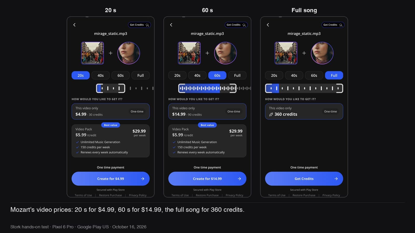 Mozart's video prices: 20 s $4.99, 60 s $14.99, the full song 360 credits.