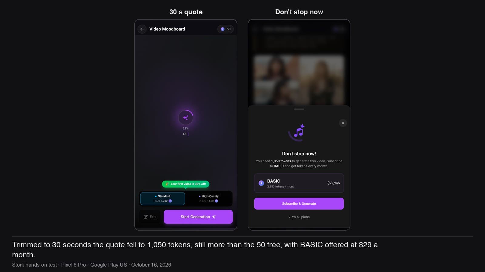 30 seconds quoted at 1,050 tokens, with BASIC offered at $29 a month.