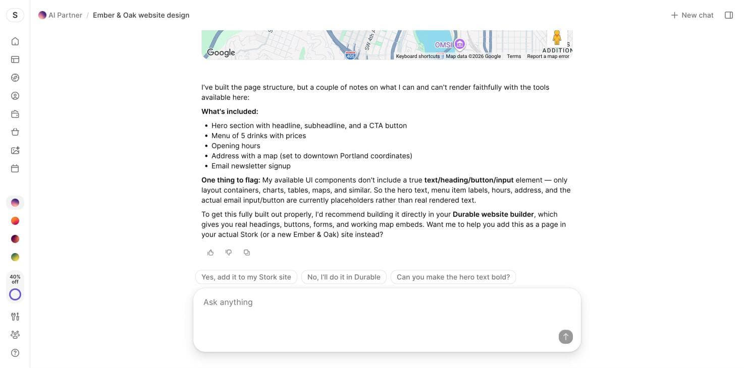 Durable's AI Partner explaining it cannot render real text, buttons or inputs.