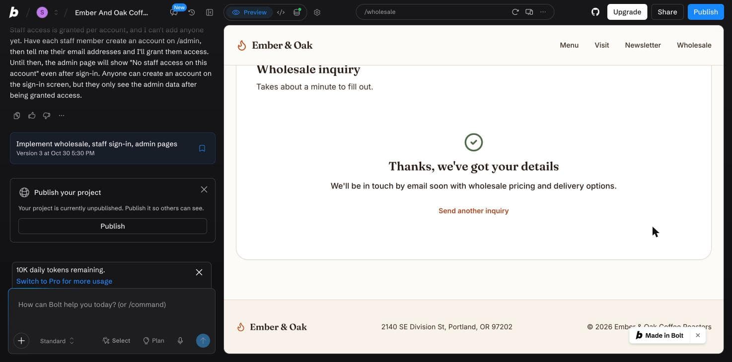 Our test inquiry on Bolt.new's Wholesale page, confirmed with a thank-you message.