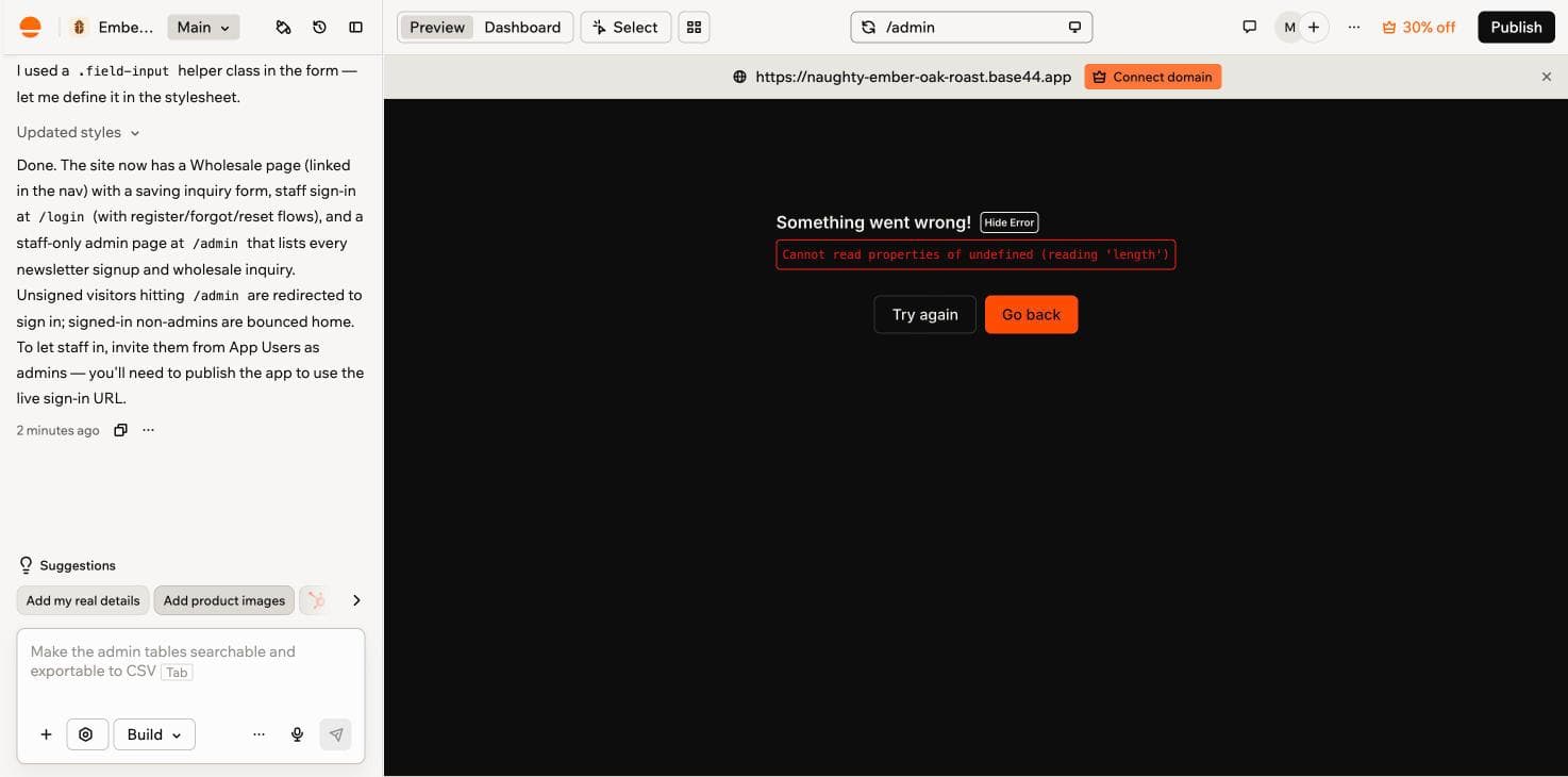 Base44's admin page on first load in the preview: Cannot read properties of undefined (reading length).