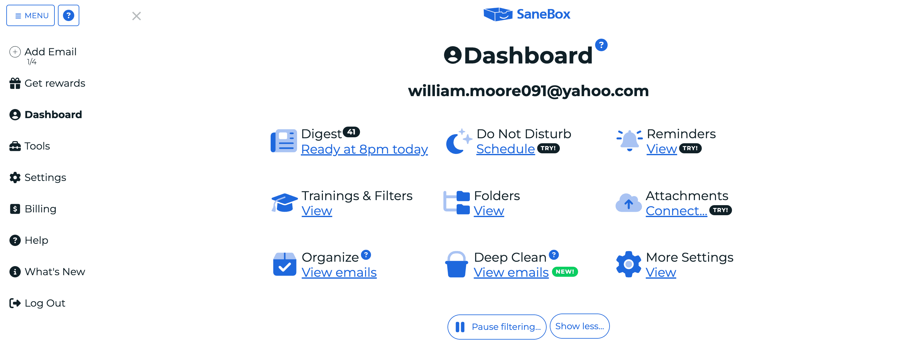 The SaneBox dashboard gathers every feature this review covers — Digest, Reminders, Do Not Disturb, Folders, Deep Clean — into one screen.