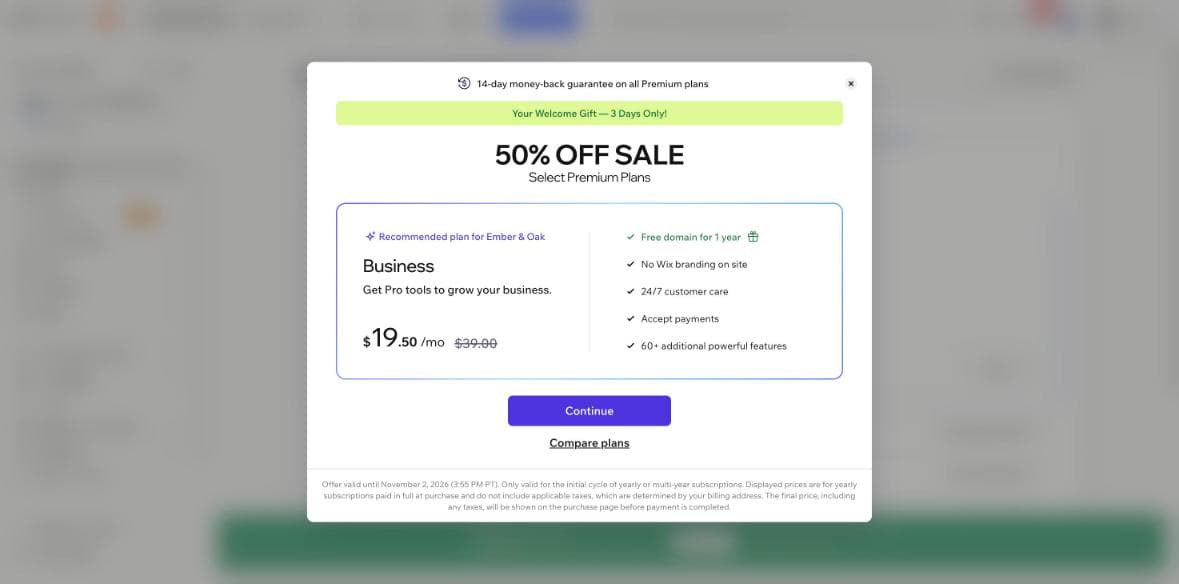 The offer Wix showed before any site: Business plan $19.50 a month, 50% off $39, billed yearly.