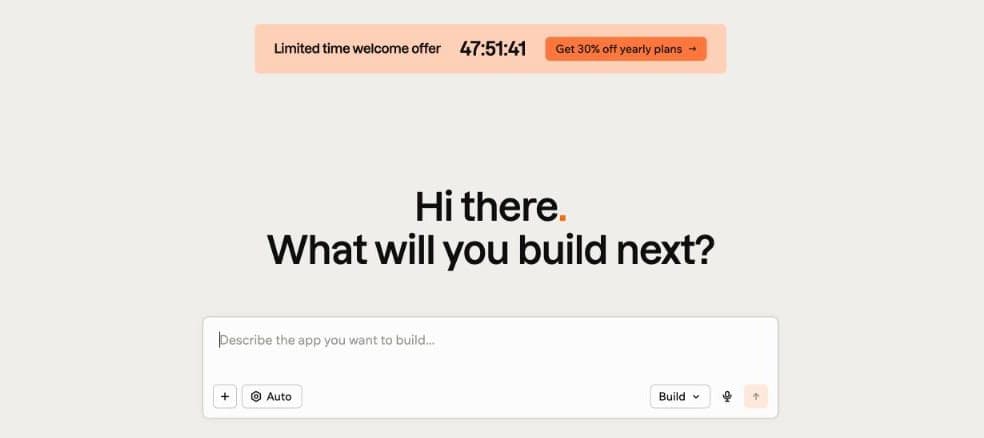 Base44's sign-up banner: a limited-time welcome offer of 30% off yearly plans with a 48-hour countdown.