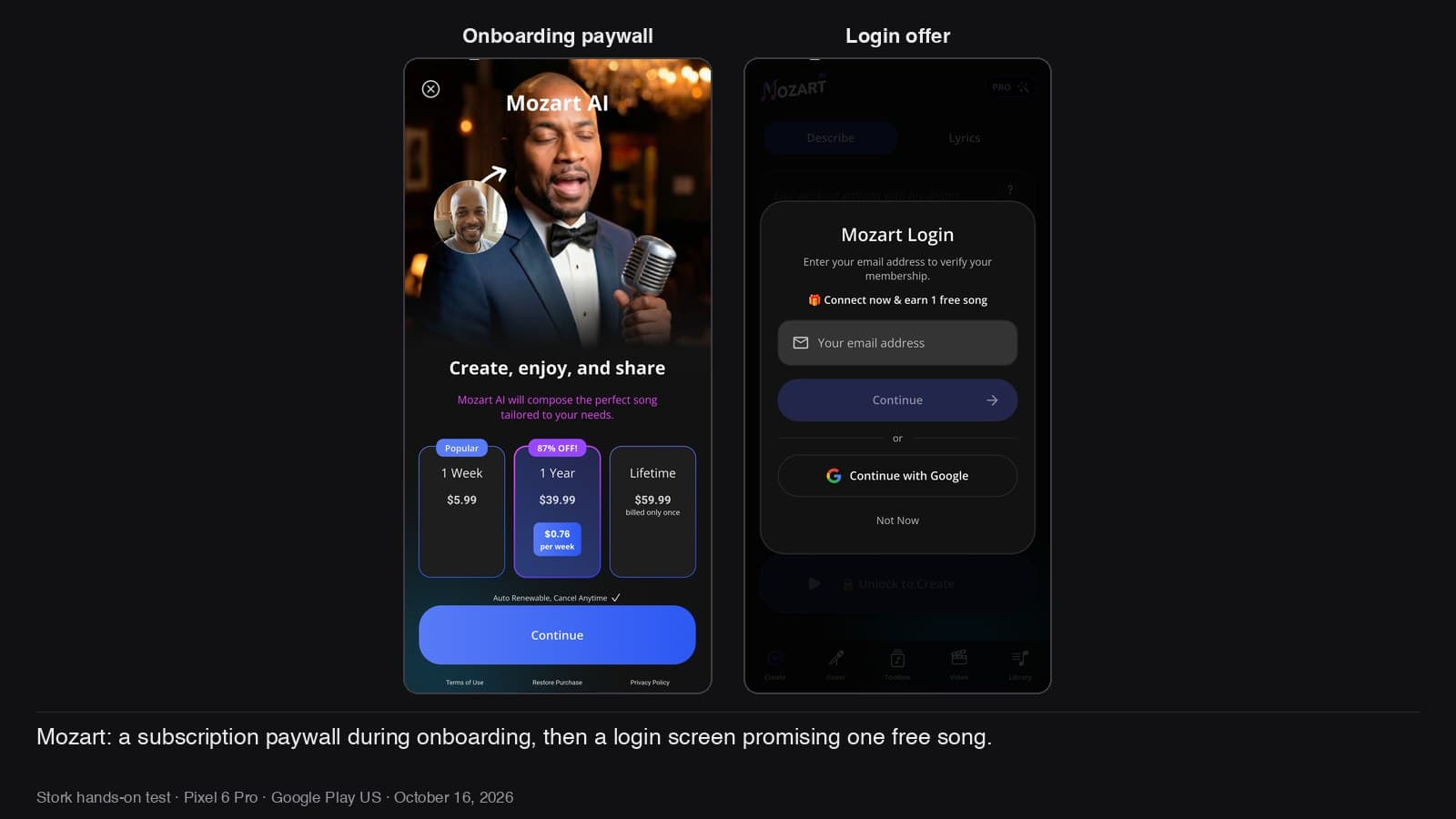 Mozart's onboarding paywall and the login screen promising one free song.