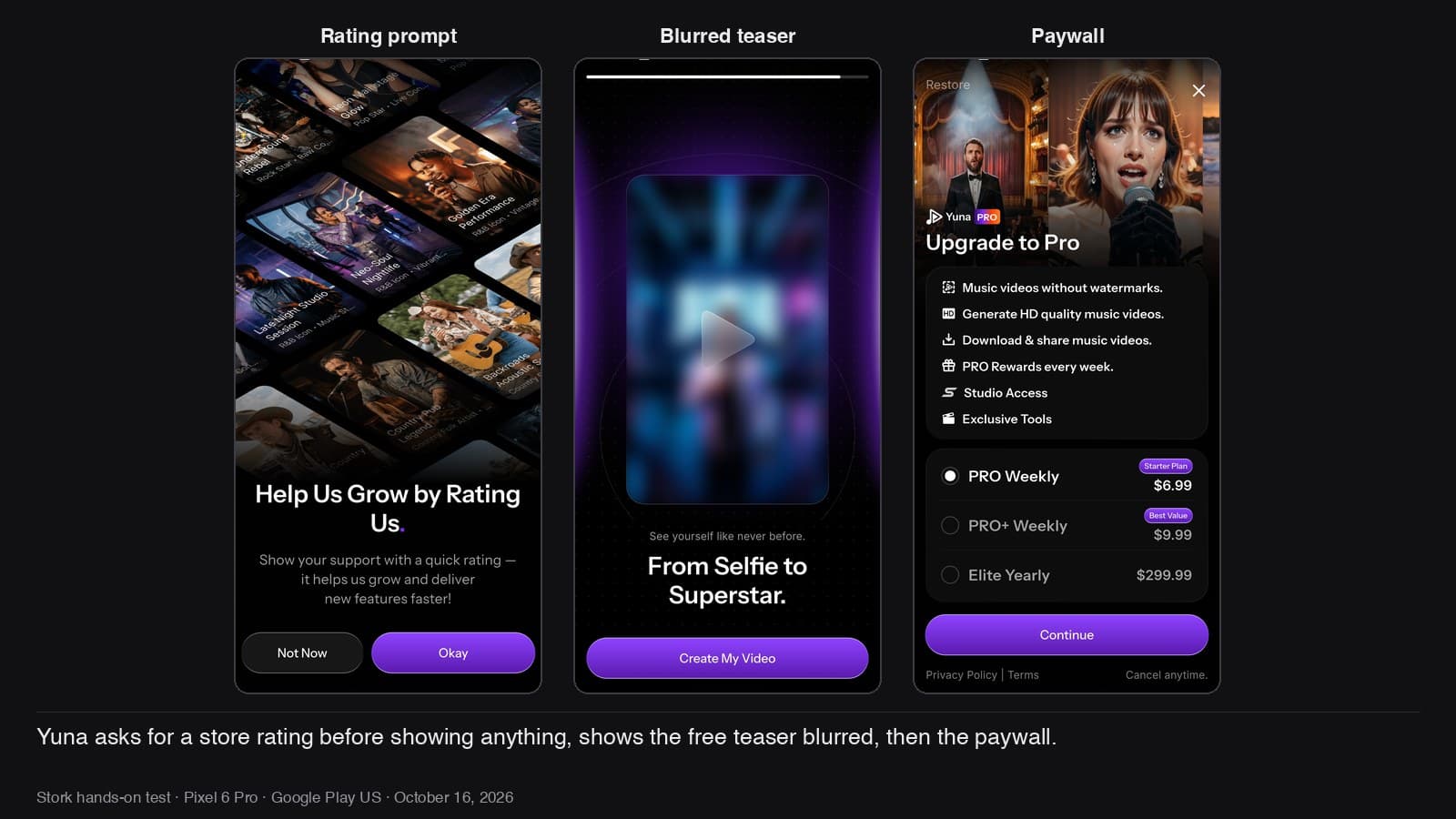 Yuna's rating prompt, the blurred teaser and the paywall, all before any output.