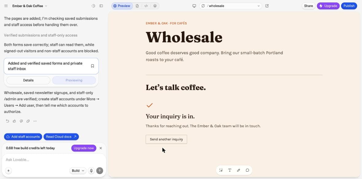 Our test inquiry on Lovable's Wholesale page: Your inquiry is in.