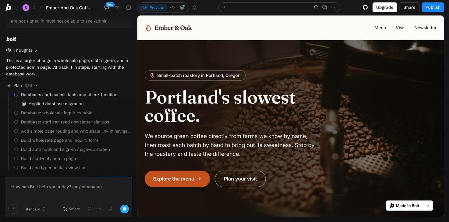 Bolt.new's plan for the harder brief: database tables and access checks come before any page.