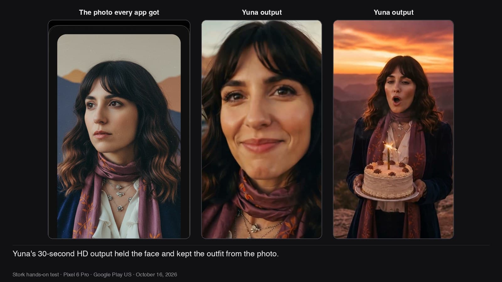 Yuna's output next to the source photo: the face and outfit held.