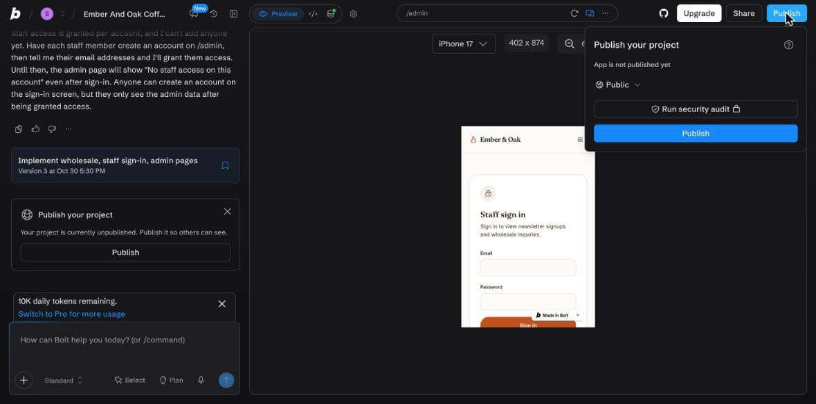 Bolt.new's publish dialog, with Run security audit locked on the free plan.