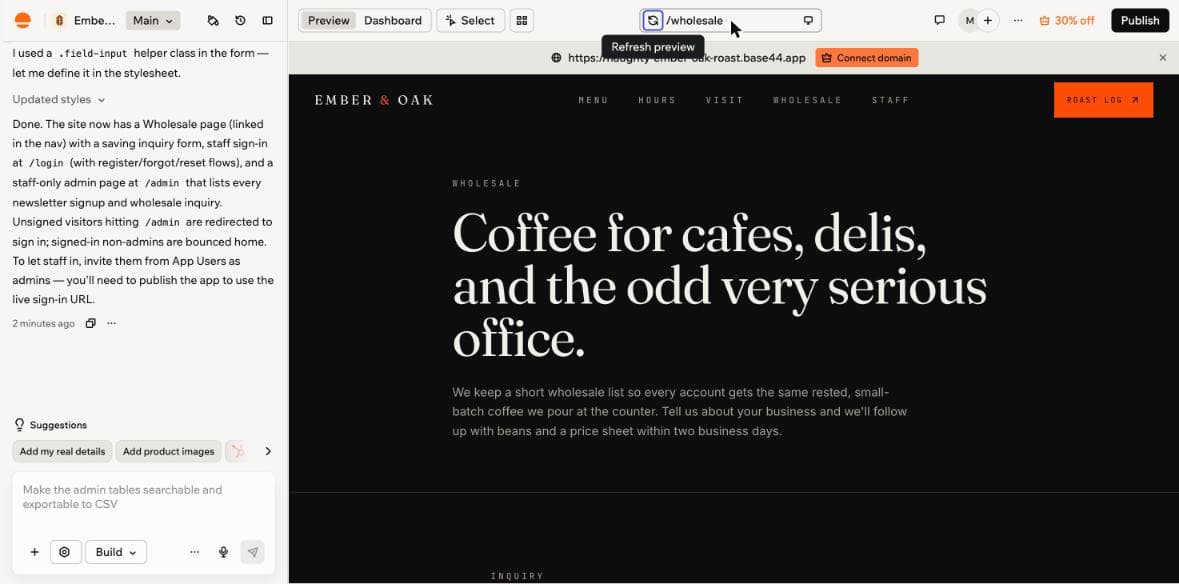 Base44's Wholesale page, with a public Staff link added to the main navigation.