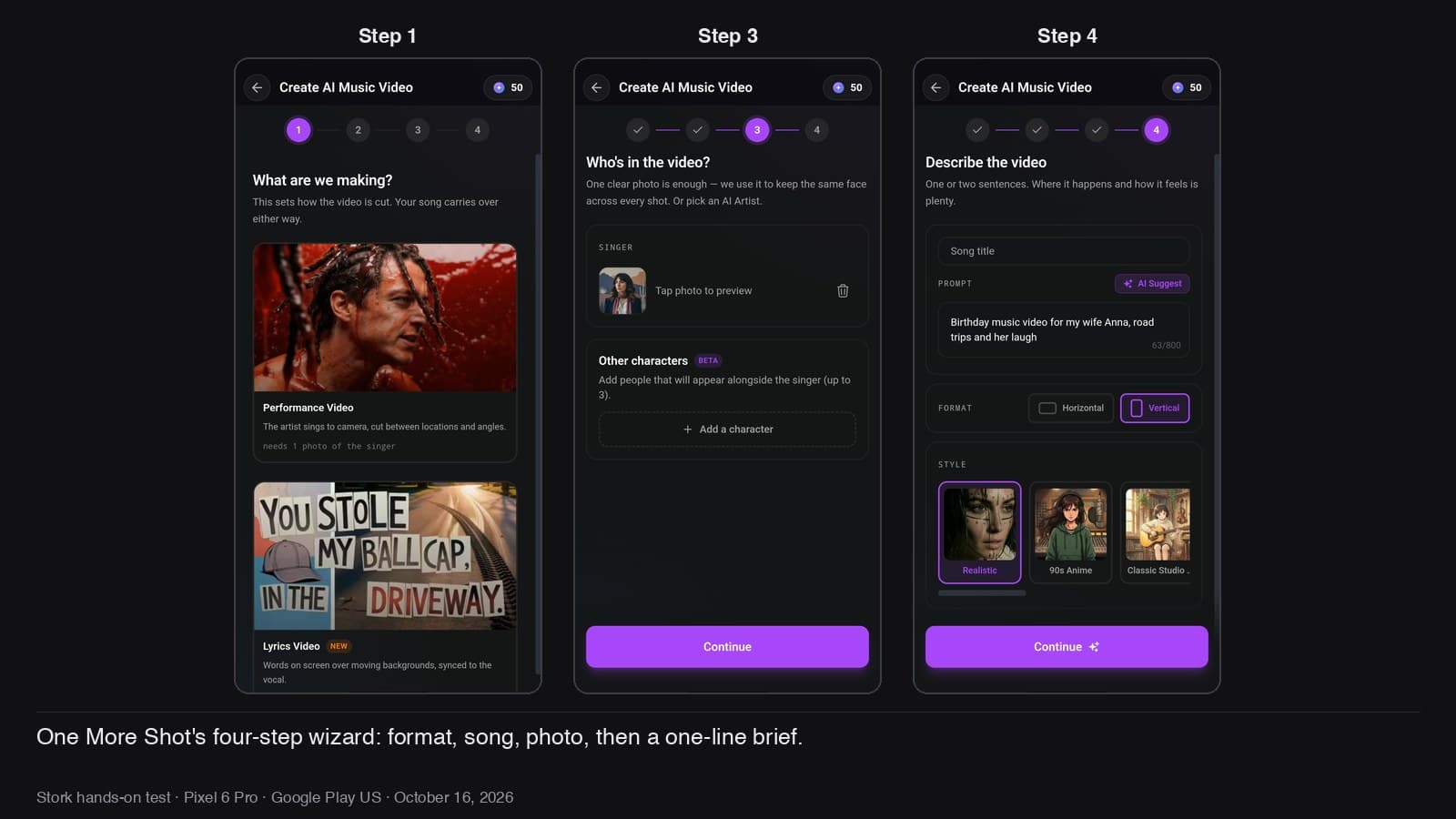 One More Shot's four-step wizard: format, song, photo, brief.